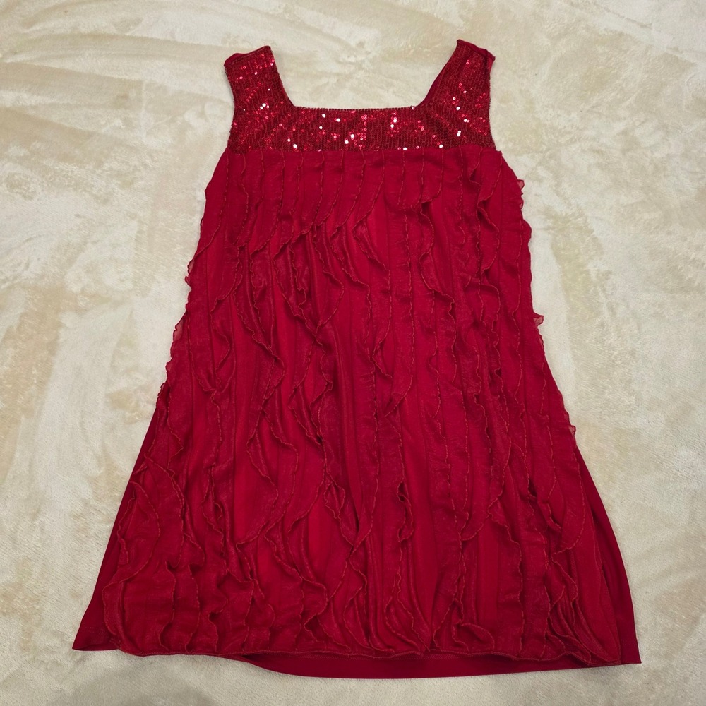 Womens M Red Sequin Top Square Neck Layered Ruffle Tank Blouse 17" Pit To Pit